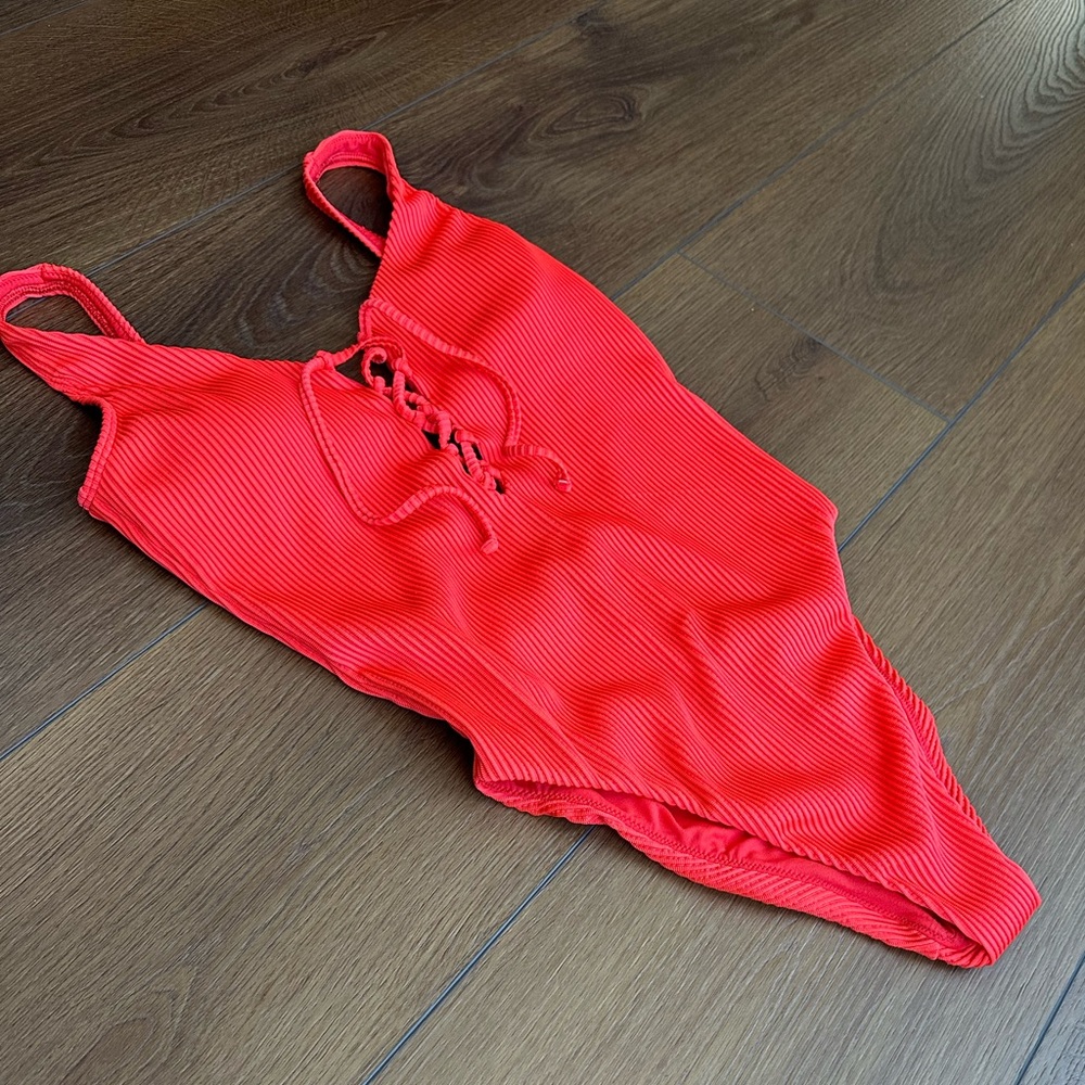 Hollister Vibrant Red Lace-Up tie One Piece Swimsuit